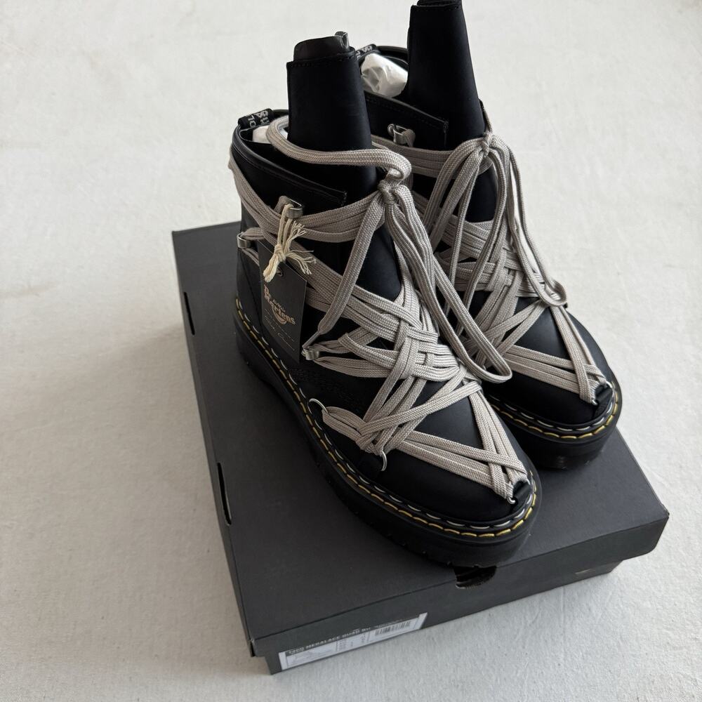 Rick Owens Dr. Martens 1460 DRKSHDW Quad Sole Mega Lace Black Boot Size 8 NEW